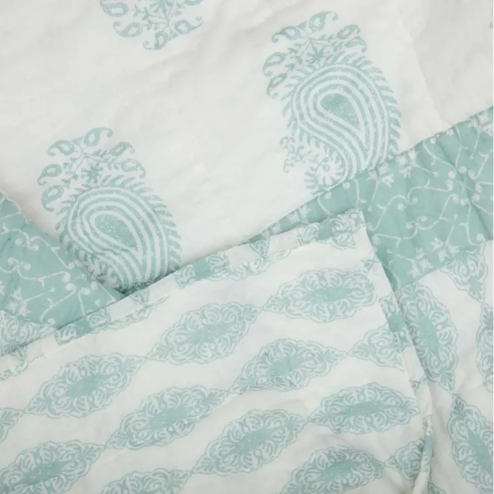 NEW! Cottage Farmhouse Mint Green Paisley 100% Cotton QUEEN Quilt Set Boho Sage
